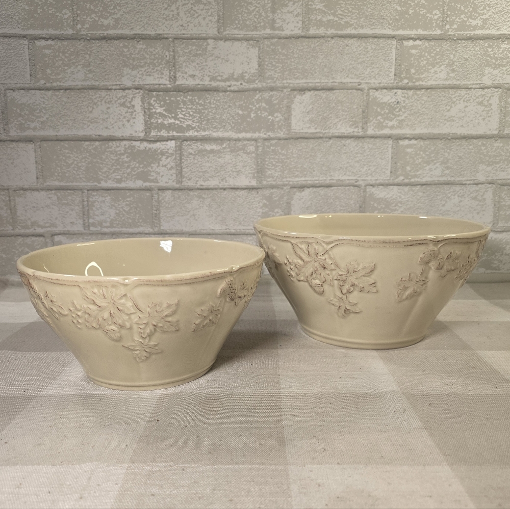 2 Large Ceramic Mixing Bowls Cream Fall Leaves